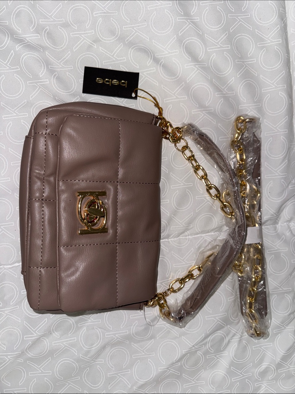 bebe Quilted Taupe Shoulder Bag with Gold Chain